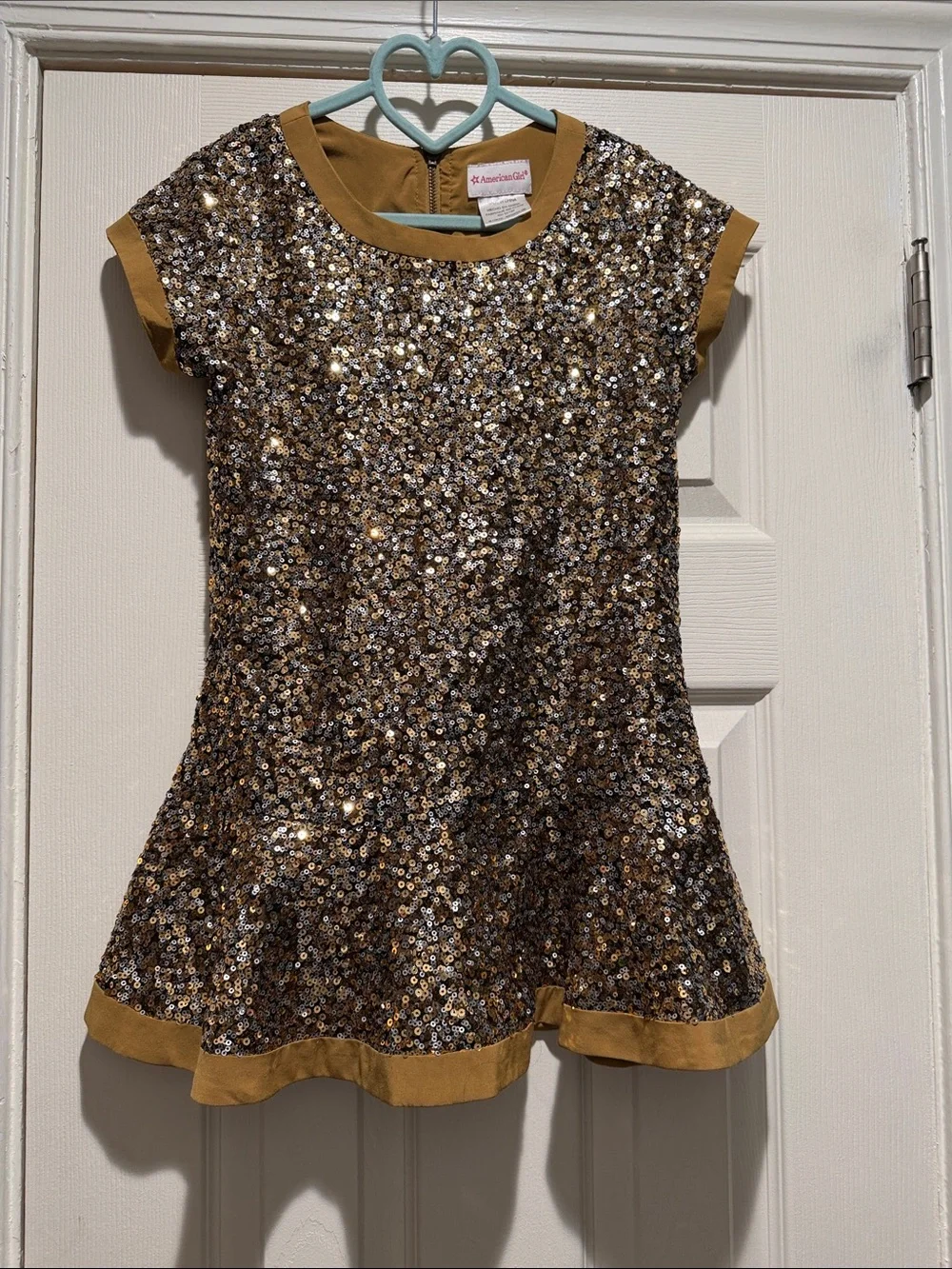 American Girl Dress Sparkle Sequin Gold Trim Kids Dress Size 10-12